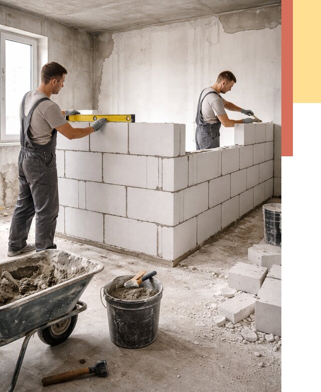 Кладка перегородок из ПГП в Амурске от 2583 руб./м2 — монтаж и возведение под ключ | ОТДЕЛОЧНИК-Мрс