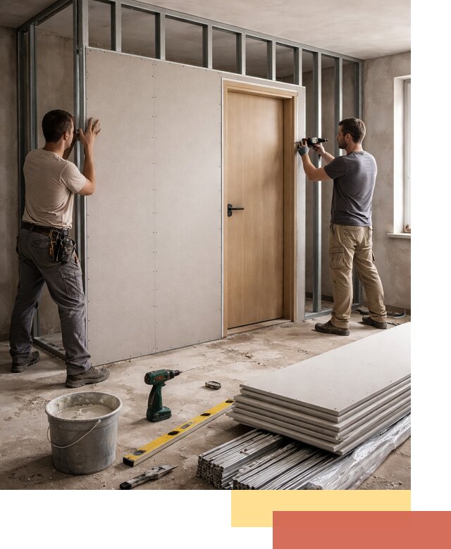 Перегородка из гипсокартона с дверью под ключ в Амурске