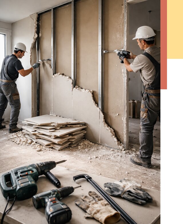 Демонтаж перегородки из гипсокартона в Амурске от 1240 руб. быстро и недорого | ОТДЕЛОЧНИК-Мрс