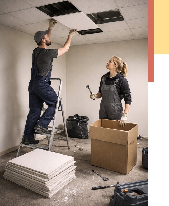 Демонтаж потолочной плитки в Амурске от 4649 руб. быстро и недорого | ОТДЕЛОЧНИК-Мрс