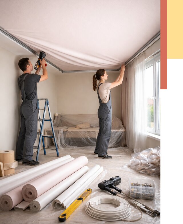 Монтаж цветного натяжного потолка в Амурске от 4339 руб/м² — быстро и недорого | ОТДЕЛОЧНИК-Мрс