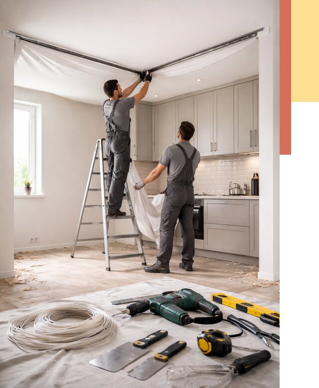 Установка натяжного потолка на кухне в Амурске от 2480 руб. | ОТДЕЛОЧНИК-Мрс