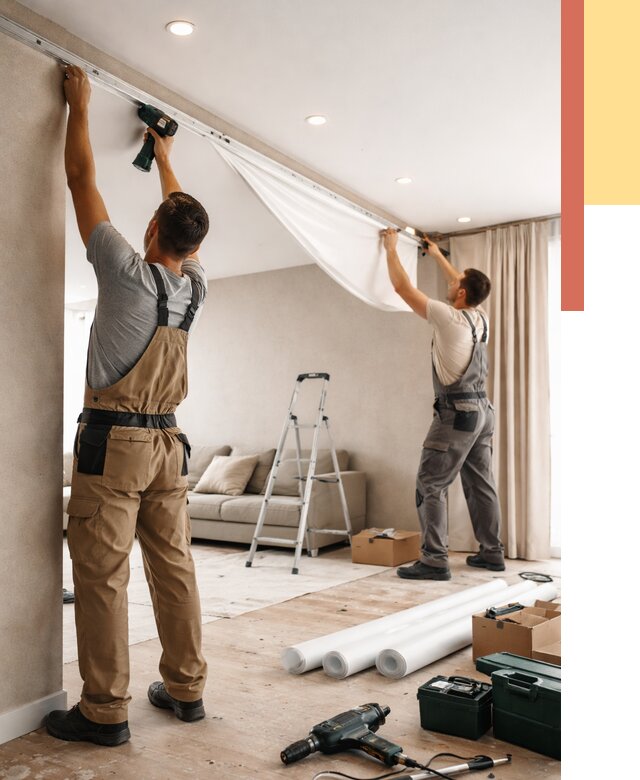 Монтаж натяжного потолка в гостиной в Амурске от 568 руб. | ОТДЕЛОЧНИК-Мрс