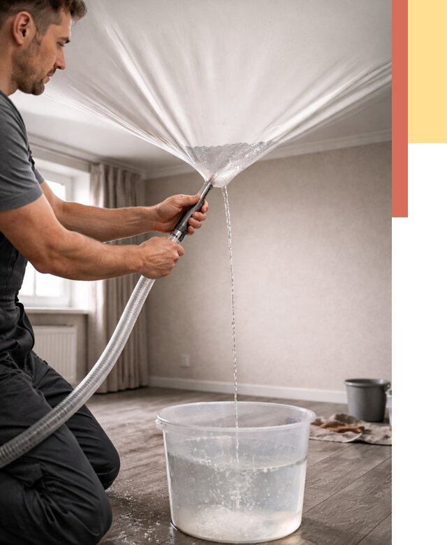 Слив воды с натяжного потолка в Амурске от 2583 руб. быстро и недорого | ОТДЕЛОЧНИК-Мрс