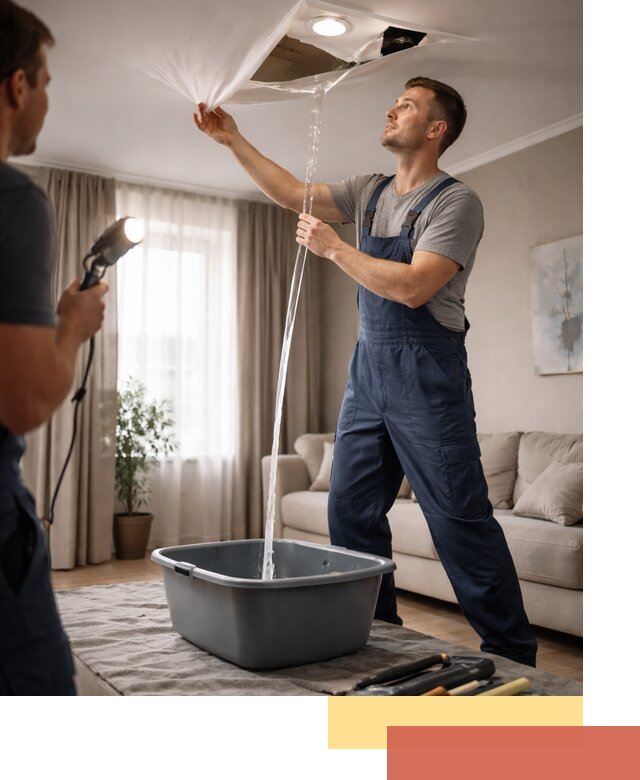 Слив воды с натяжного потолка в Амурске быстро и аккуратно