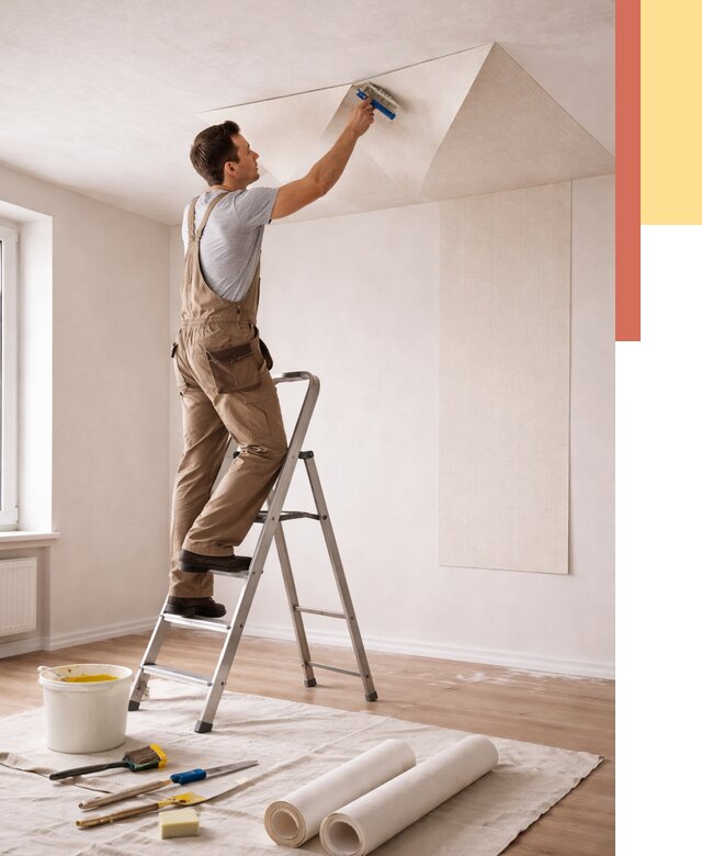 Поклейка обоев на потолок в Амурске от 4649 руб. быстро и недорого | ОТДЕЛОЧНИК-Мрс